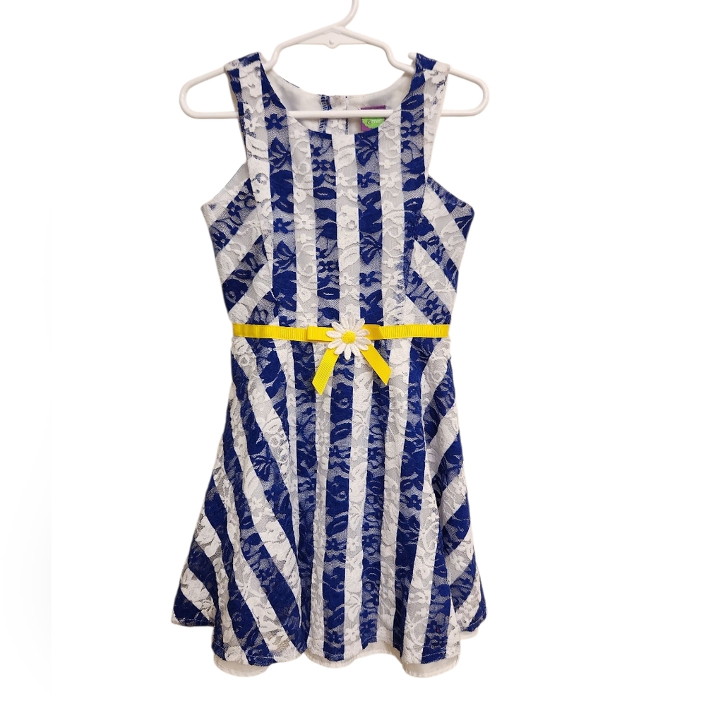 Dollie & Me Blue White Striped Girls Midi Dress with Yellow Accent &‎ Sunflower